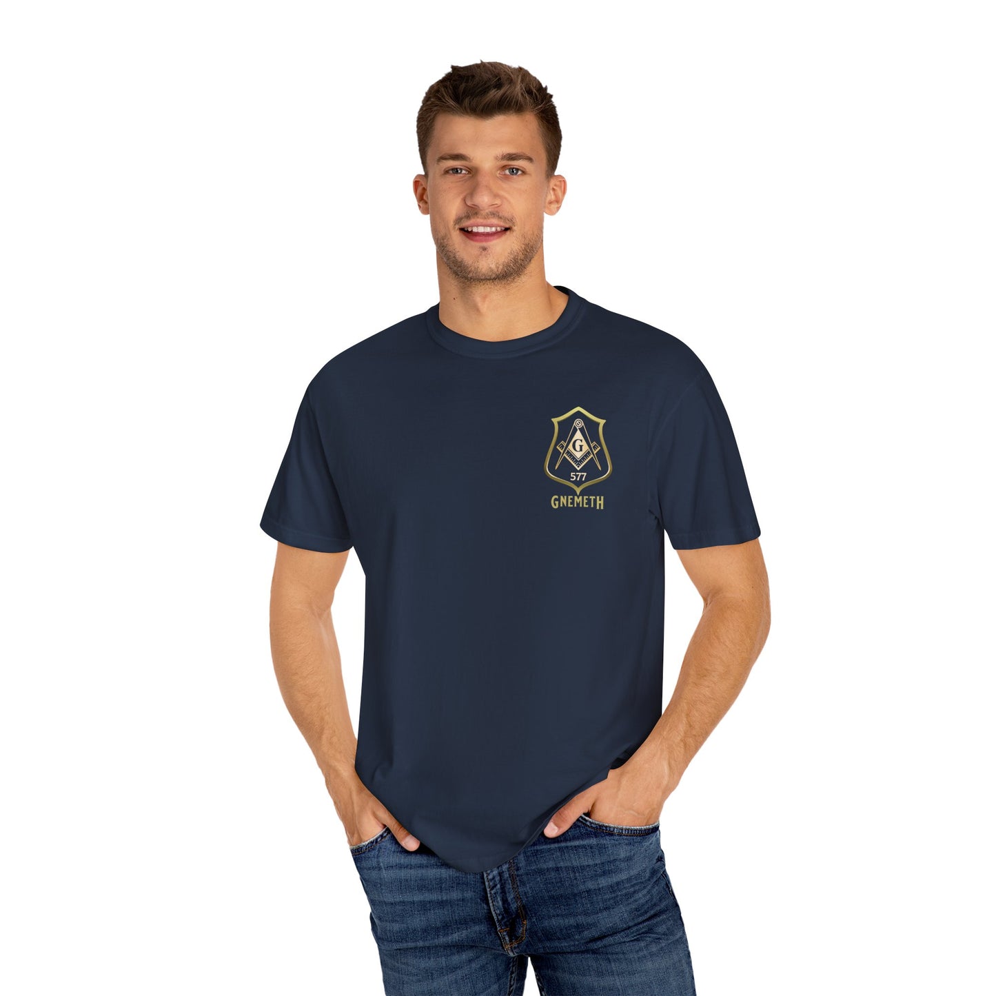 Gnemeth Left Chest Logo, Unisex Garment-Dyed T-Shirt with Vintage Shield Design