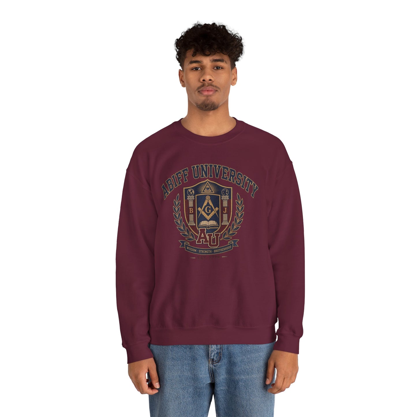 Abiff University Crest Sweatshirt — Vintage Masonic Fraternity Crewneck