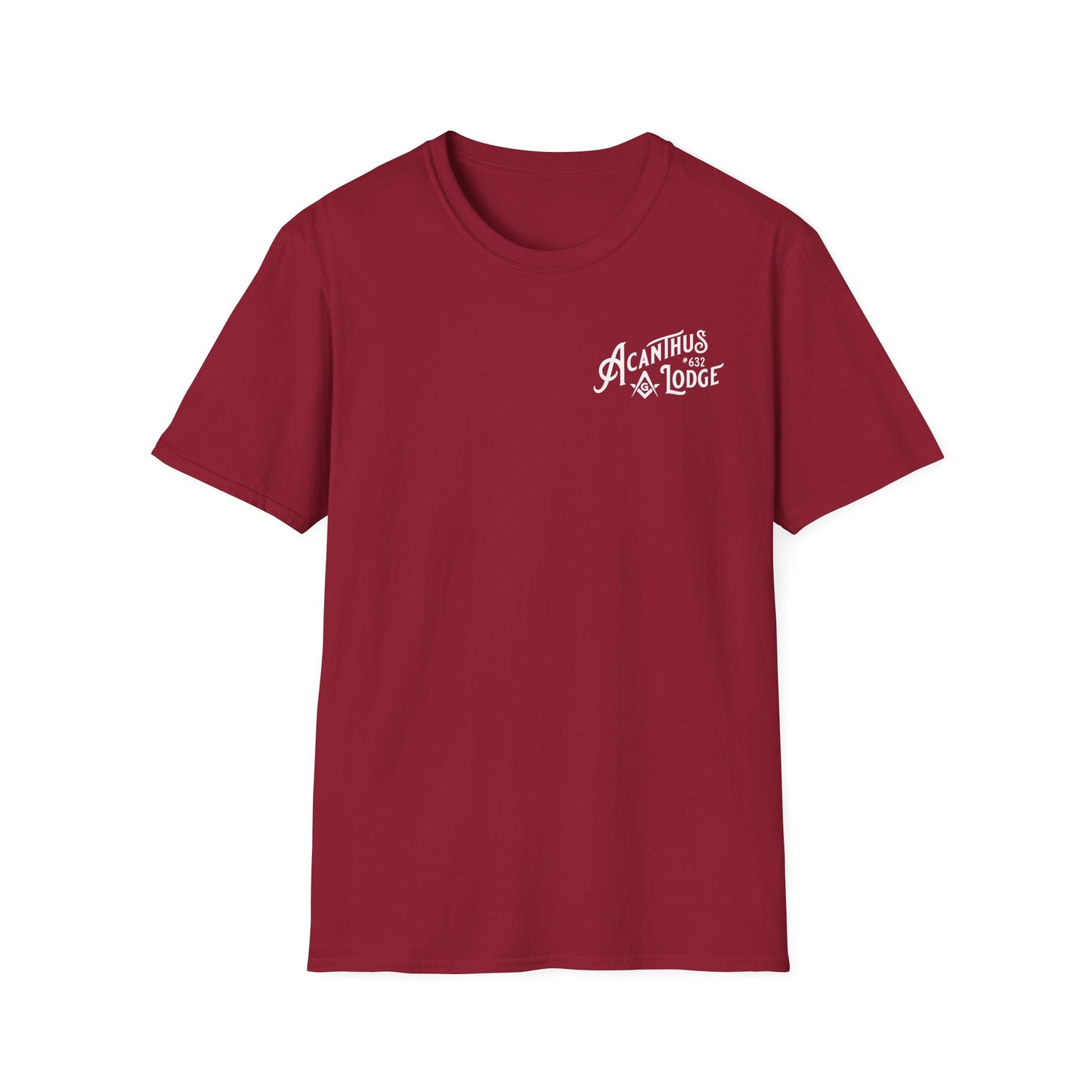 Acanthus Lodge #632 Left Chest, & Back Compass Print. Unisex Softstyle T-Shirt