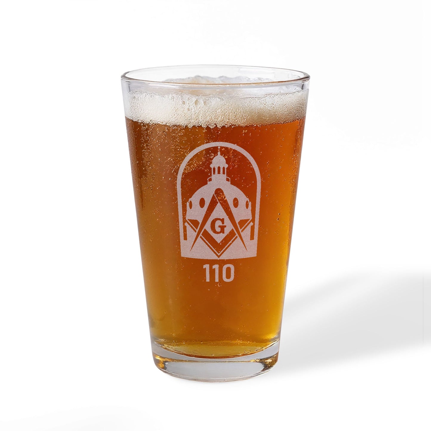 Capital 110 Engraved 16oz Pint Mixing Glass — Masonic Crest & '110'