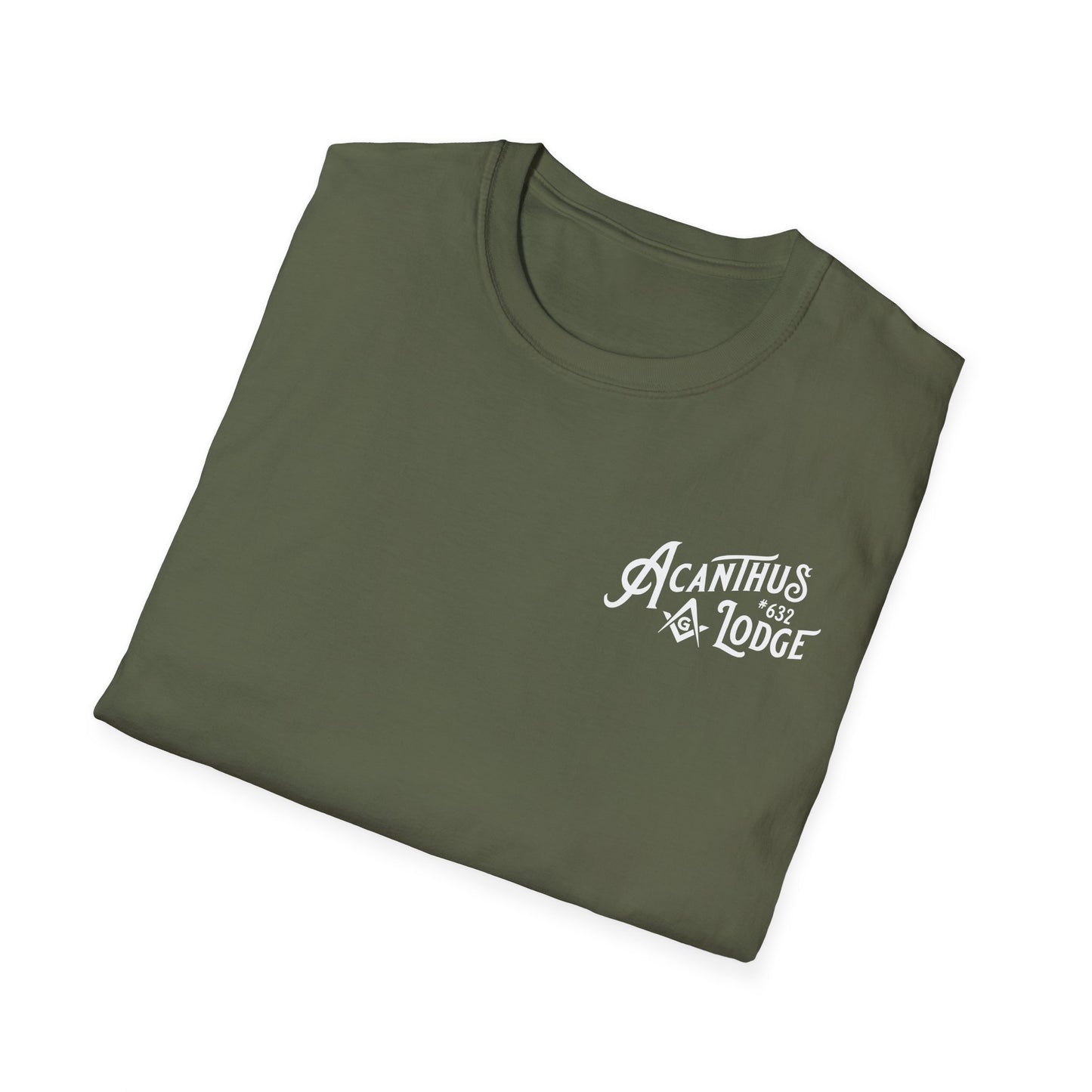 Acanthus Lodge #632 Left Chest, & Back Compass Print. Unisex Softstyle T-Shirt