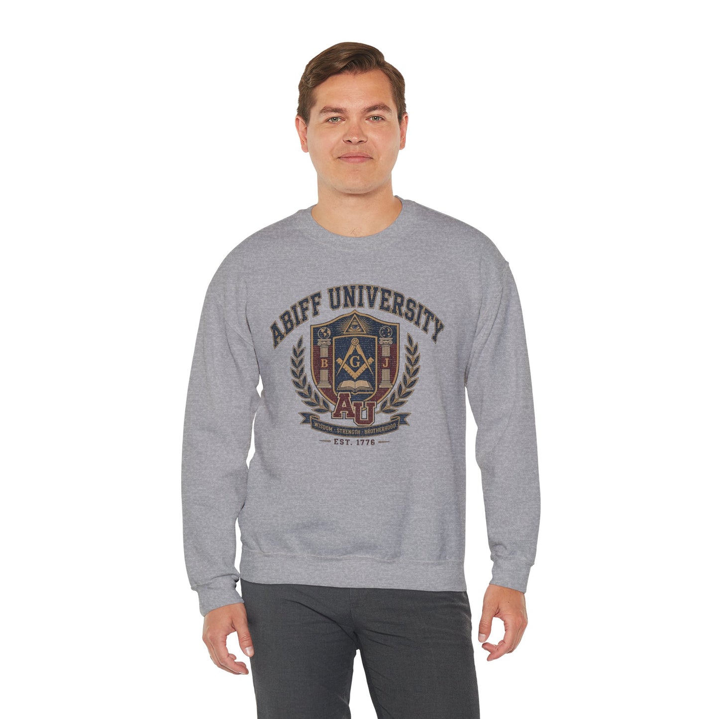 Abiff University Crest Sweatshirt — Vintage Masonic Fraternity Crewneck