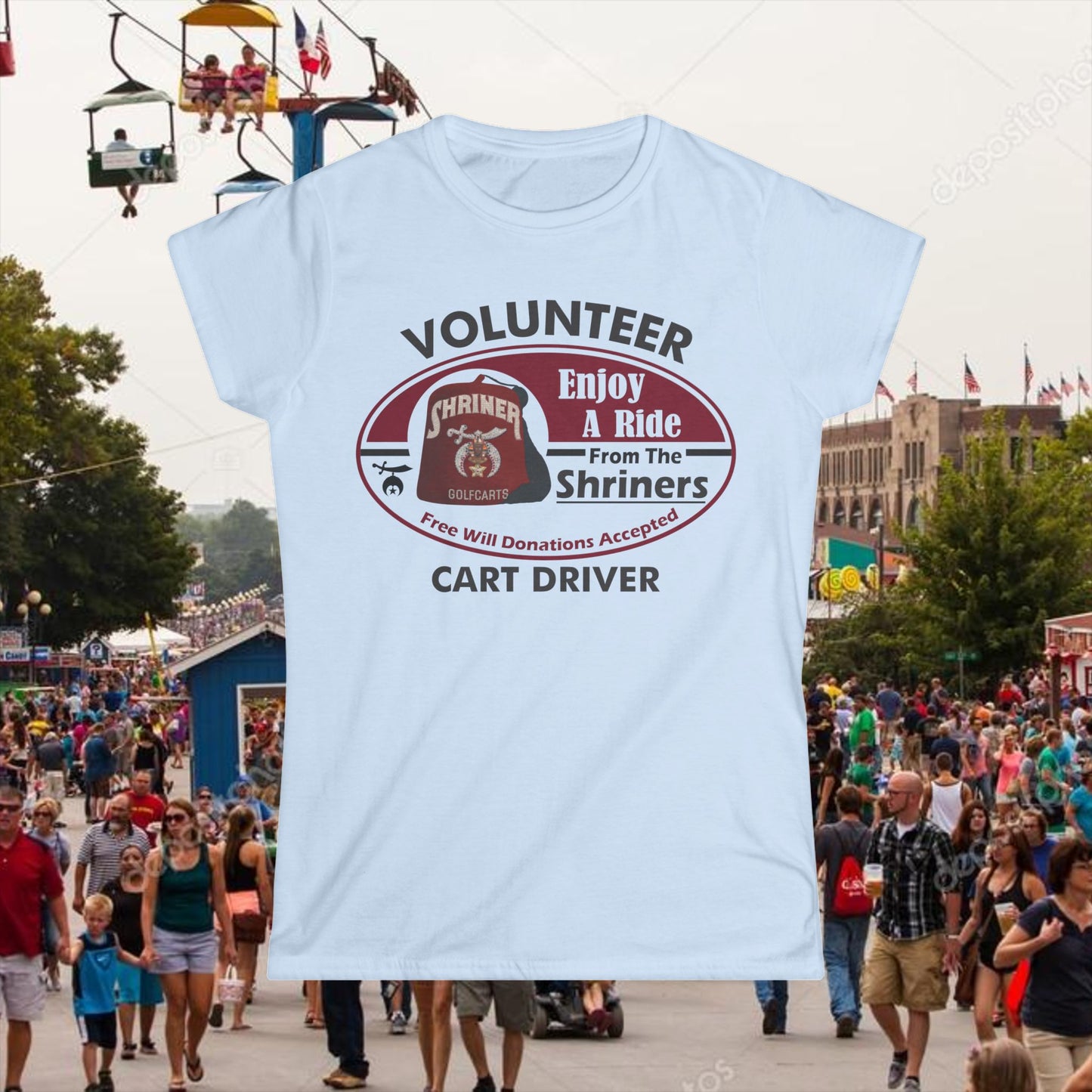 Volunteer Cart Driver T‑Shirt – “Enjoy a Ride from the Shriners” Women’s Tee