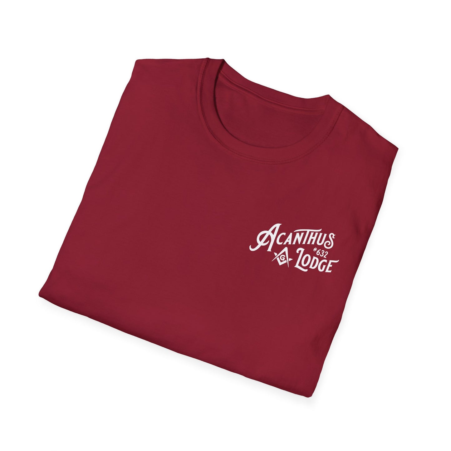 Acanthus Lodge #632 Left Chest, & Back Compass Print. Unisex Softstyle T-Shirt