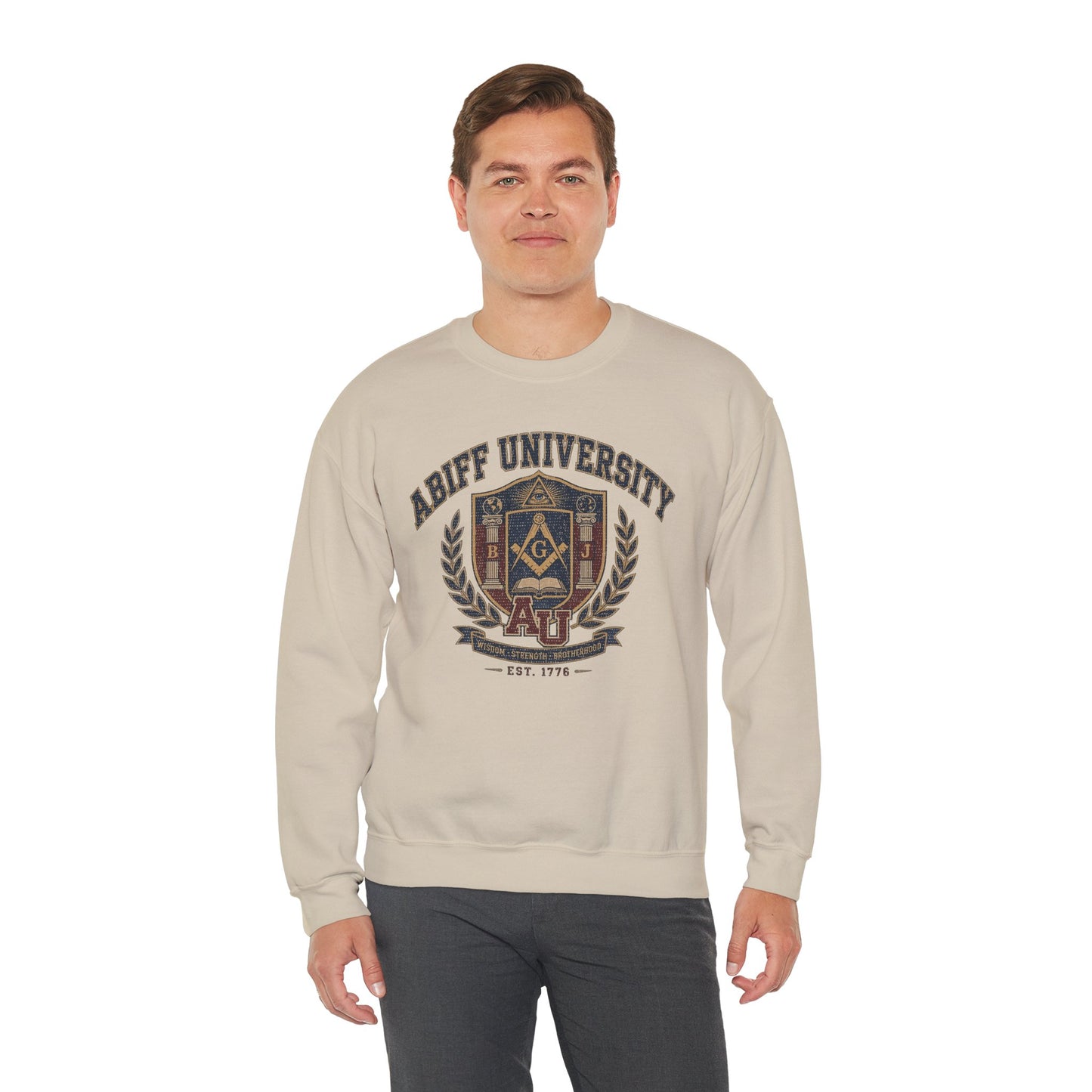 Abiff University Crest Sweatshirt — Vintage Masonic Fraternity Crewneck
