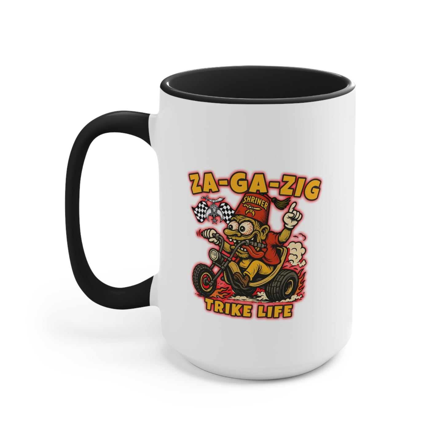 Za-Ga-Zig Trike Life Accent Mug — Vintage Rat Fink Trike Rider Coffee Cup (Pink Accent)
