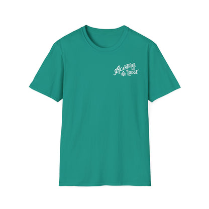 Acanthus Lodge #632 Left Chest, & Back Compass Print. Unisex Softstyle T-Shirt