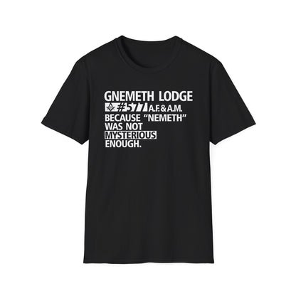 GNEMETH Lodge #5771 A.F. & A.M. T-Shirt — “Because ‘Nemeth’ Was Not Mysterious Enough”