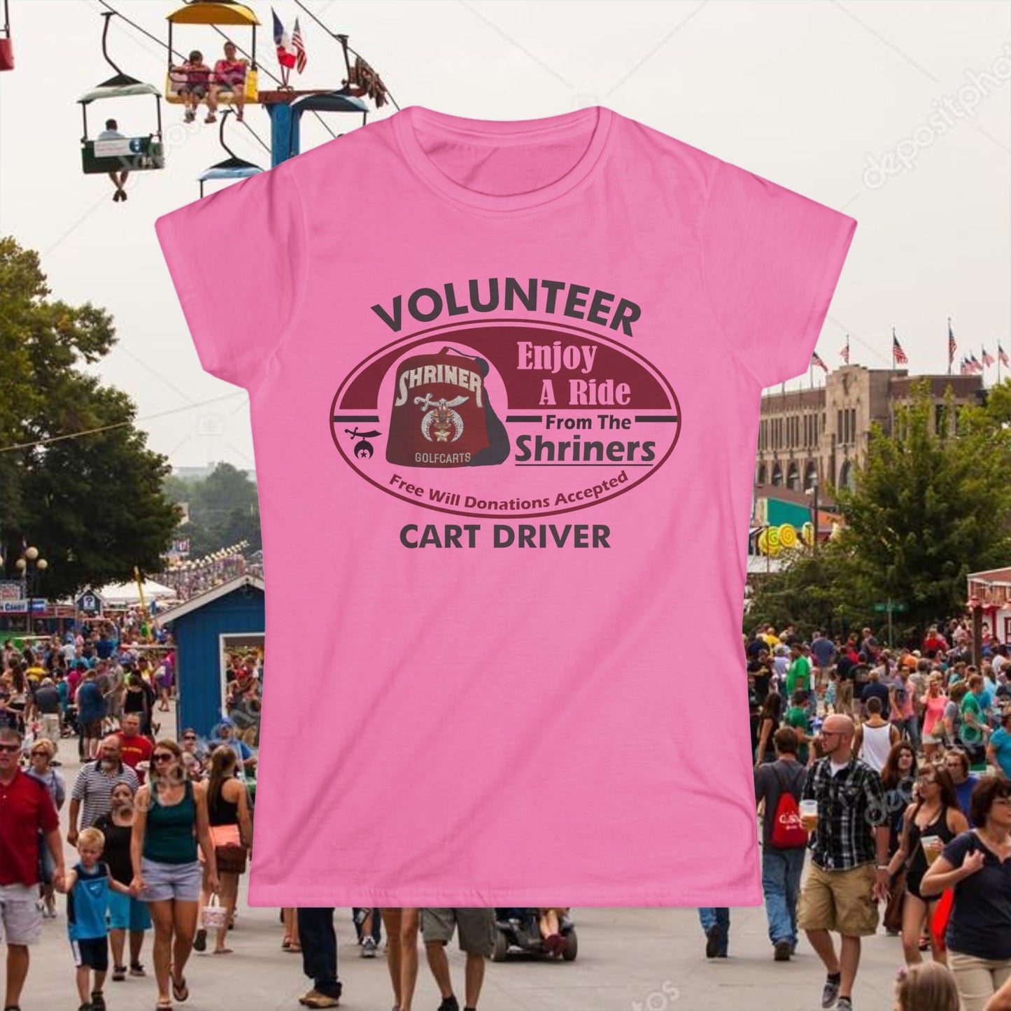 Volunteer Cart Driver T‑Shirt – “Enjoy a Ride from the Shriners” Women’s Tee