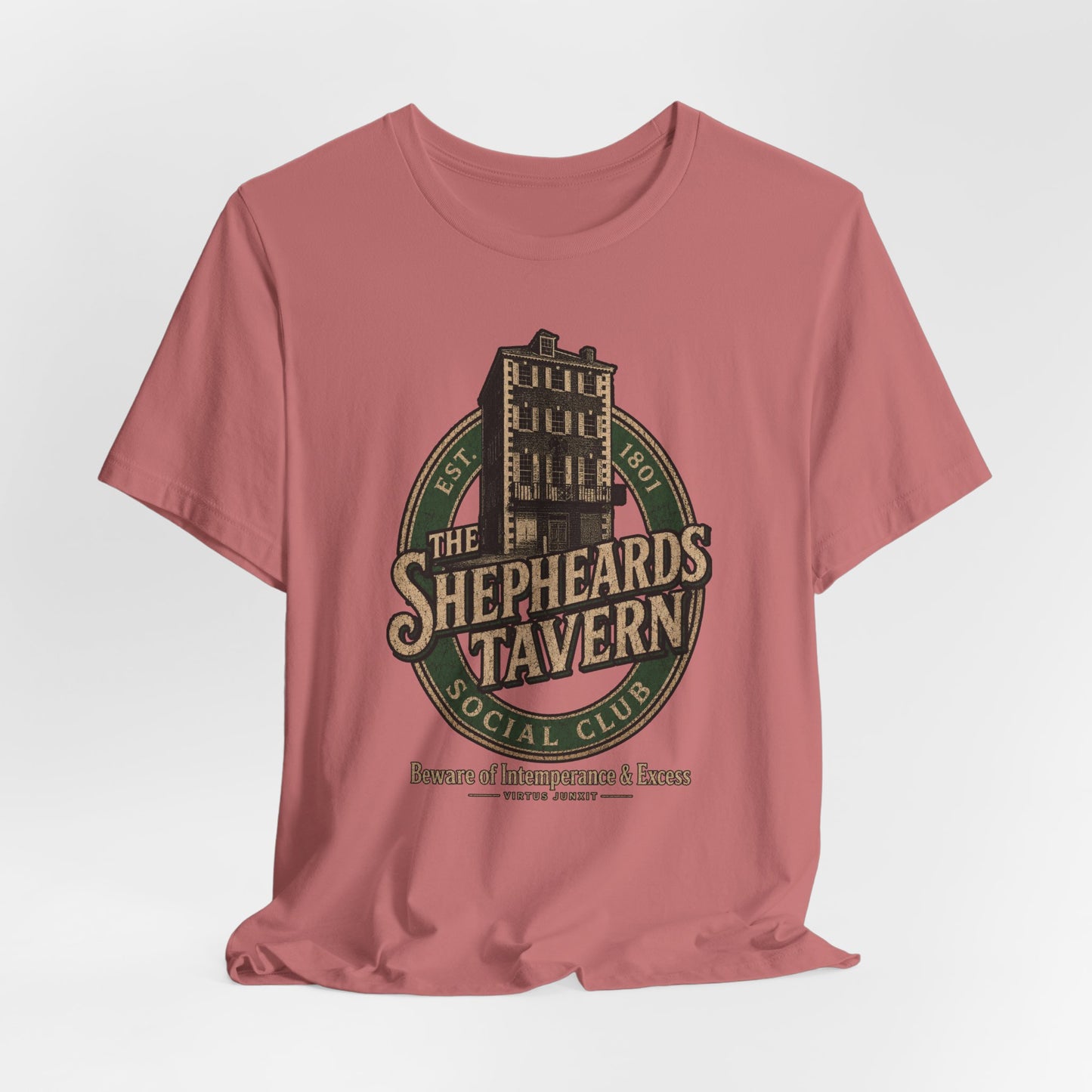 Shepheard's Tavern, Multi Valley, Vintage Pub Tee — 'Beware of Indiscretions & Excess' Logo Shirt
